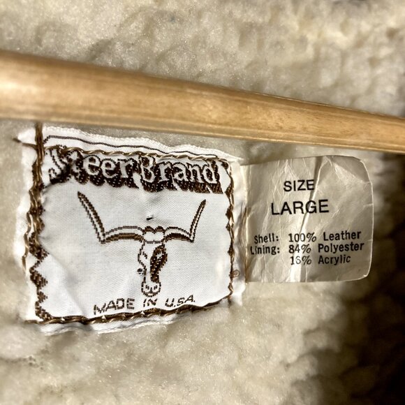 Mens Vintage STEER BRAND Suede Leather Sherpa Vest - Brown Size L Made in USA - Picture 7 of 16